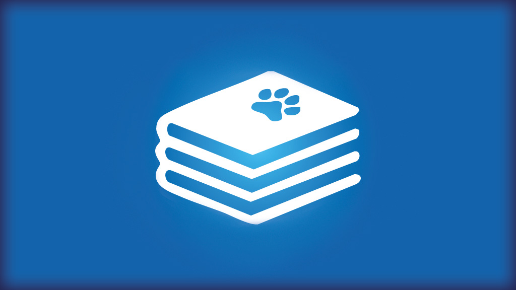 Grafisk ikon av hög med böcker med ett tassavtryck på omslaget