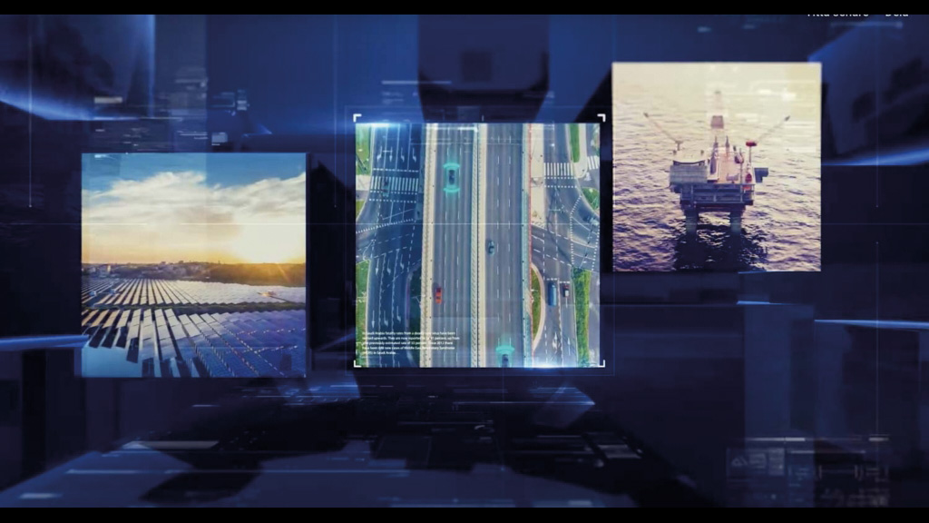 Tre mindre bilder bestående av: solkraftverk, motorväg uppifrån och en oljerigg till havs.