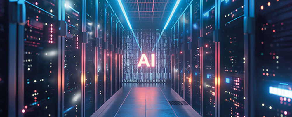Rum fyllt av dataservrar som bildar en korridor, med lysande text lägst bort "AI"