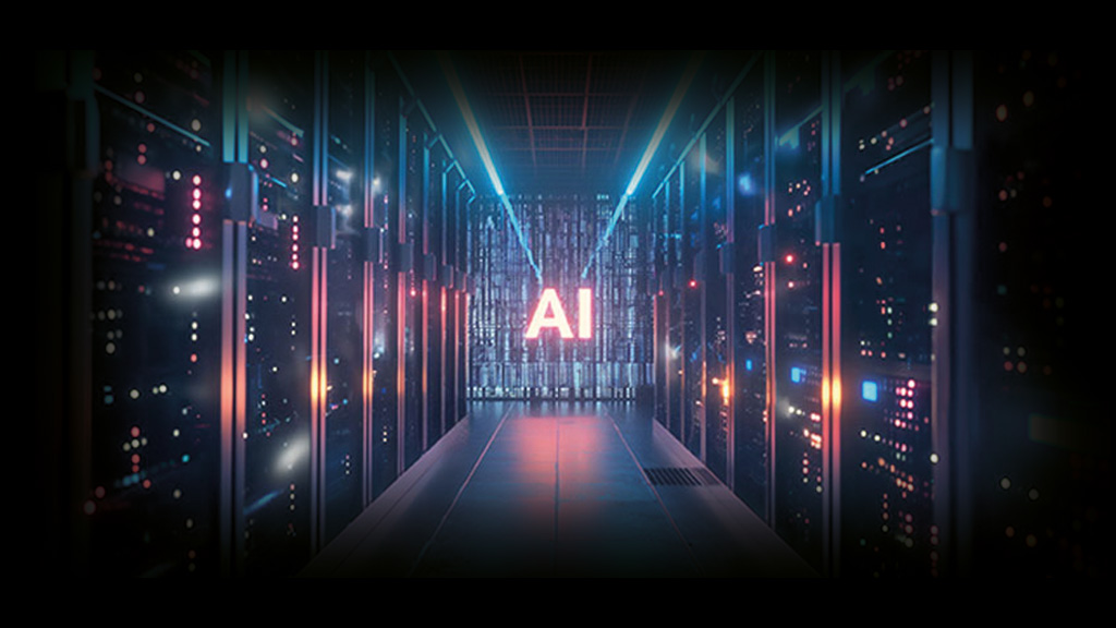 Rum fyllt av dataservrar som bildar en korridor, med lysande text lägst bort "AI"