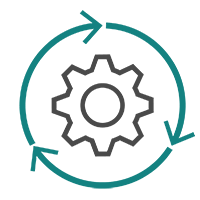 Grafisk ikon på ett kugghjul med en cirkel med pilar runt om