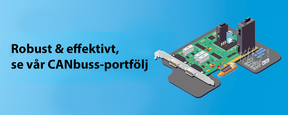 Text på blå bakgrund och kretskort, "Robust & effektivt, se vår CANbuss portfölj"