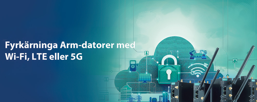 Moxa UC-3400A och UC-4400A på med ikoner för Wi-Fi, molnlösningar och säkerhet i bakgrunden