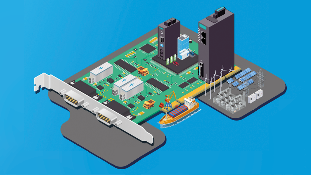 Illustration av kretskort med en liten fabrik på