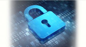 Digital bakgrund med ettor och nollor. Blått hänglås i förgrunden. 