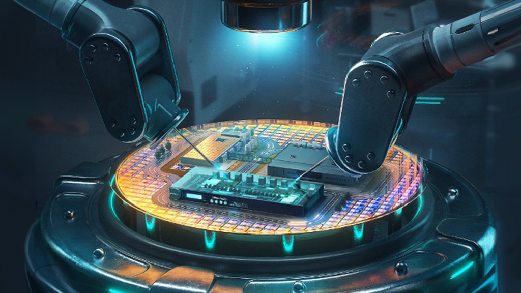 AI-genererad bild av två robotarmar som svetsar ett datachip.