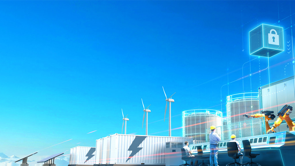 Industriell automation med robotarmar, folk som står framför kontrollpaneler och vindkraftverk samt solcellspaneler framför en blå himmel med berg i bakgrunden.