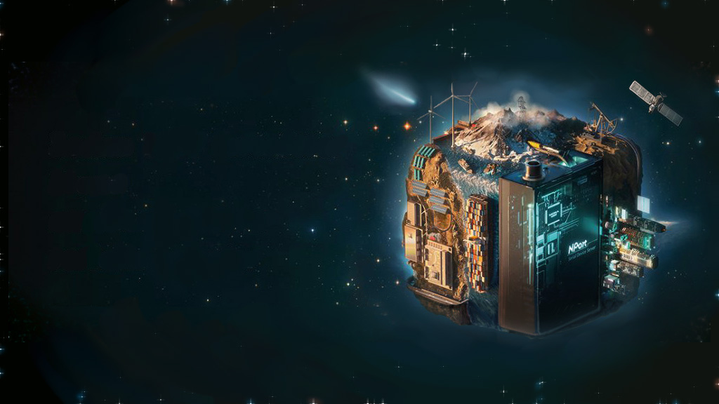 AI-genererad kub i rymden som består utav olika delar av Moxas IT/OT-kommunikation. Vindkraft, vattenkraft, transport, kommunikation. En NPort sitter fast i kuben också.