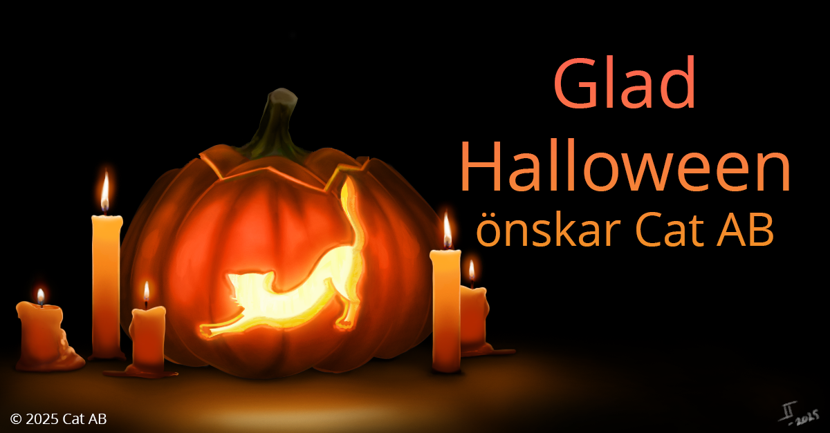 Svart bakgrund med en pumpa och brinnande ljus till vänster. Pumpan har Cat ABs logotype karvat i sig. Text: "Glad Halloween önskar Cat AB"