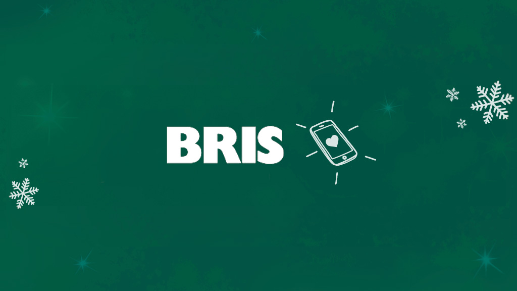 Grön bakgrund med ett par vita snöflingor och en grafisk ikon av en mobiltelefon. BRIS logotyp i mitten av bilden.