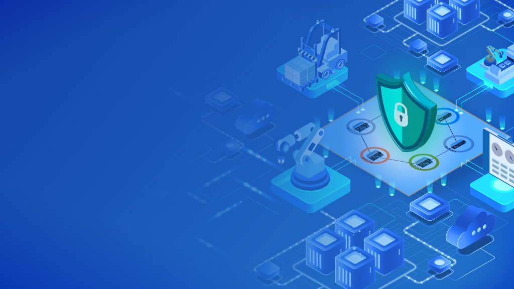 Blå bakgrund med grafiskt ritad kretskort till höger och en skyddande sköld över mittdelen av kretskortet.