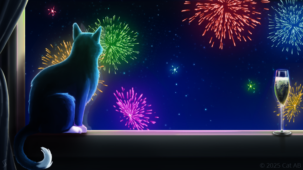 En blå katt sitter till vänster i ett fönster och tittar ut mot fyrverkerier och till höger står ett glas champange. Text "Gott nytt år önskar Cat AB"