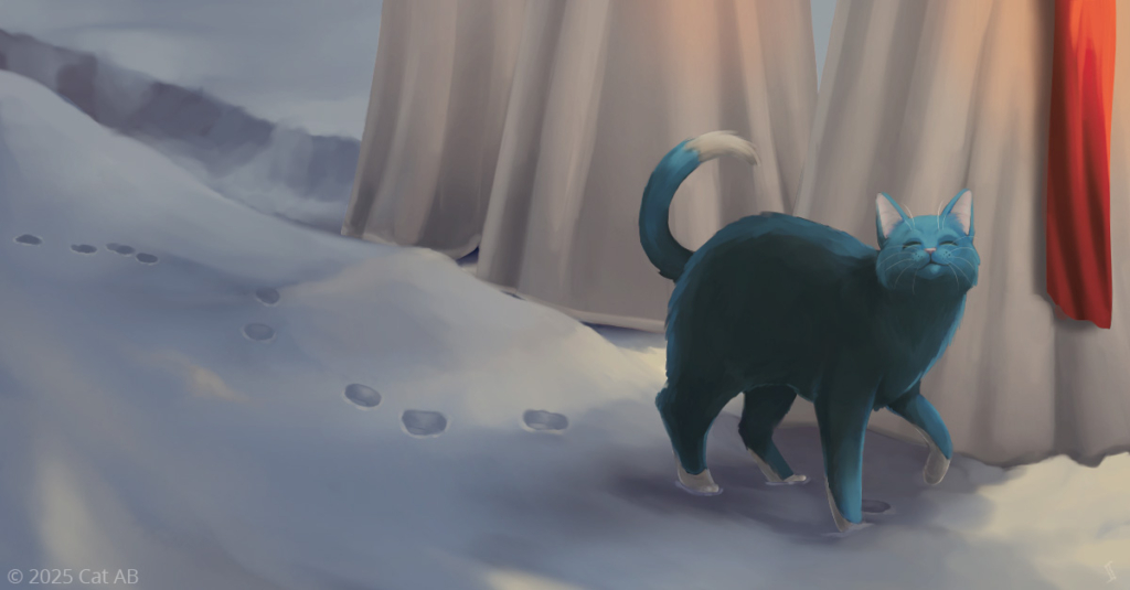 Blå katt som går i snön bredvid ett luciatåg