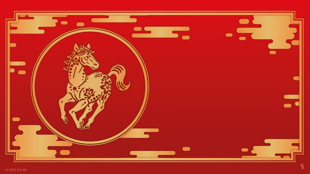 Röd bakgrund med guldig ram och guldiga moln. I en guldig cirkel till vänster finns en guldig häst, dekorerad med blommor.