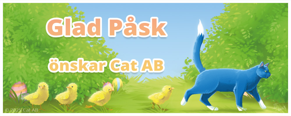 Tecknad blå katt som går åt höger, fyra små kycklingar följer efter bakom den. Text: "Glad Påsk önskar Cat AB"