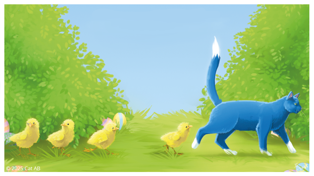 Tecknad blå katt som går åt höger, fyra små kycklingar följer efter bakom den.