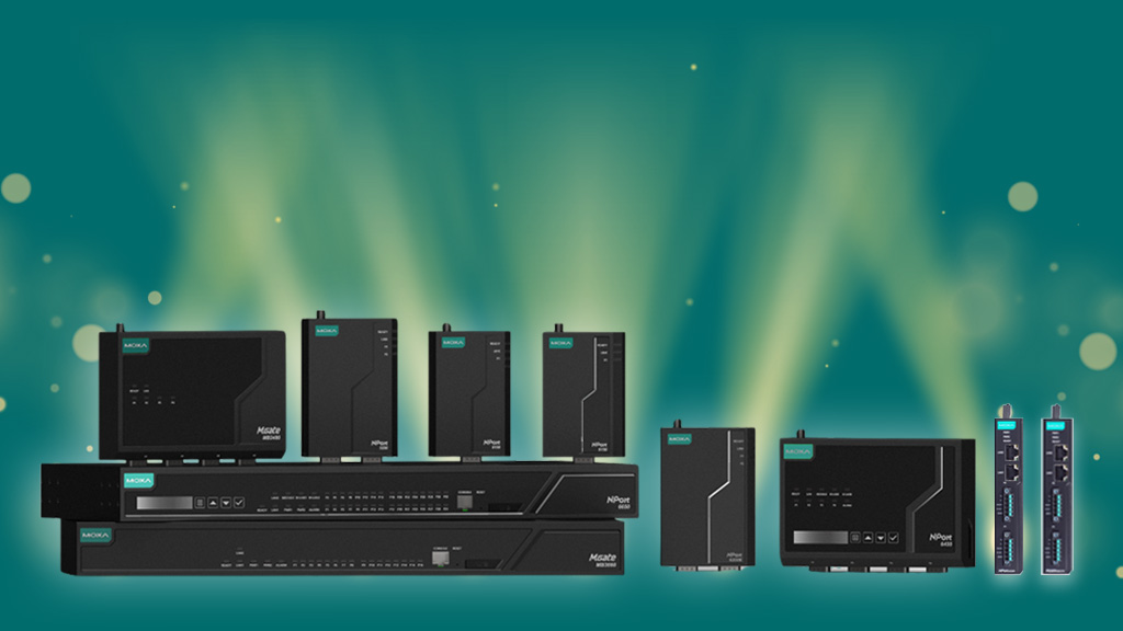 En rad med moxa-produkter står i bilden med strålkastare som lyser uppåt bakom dem och glittrar.