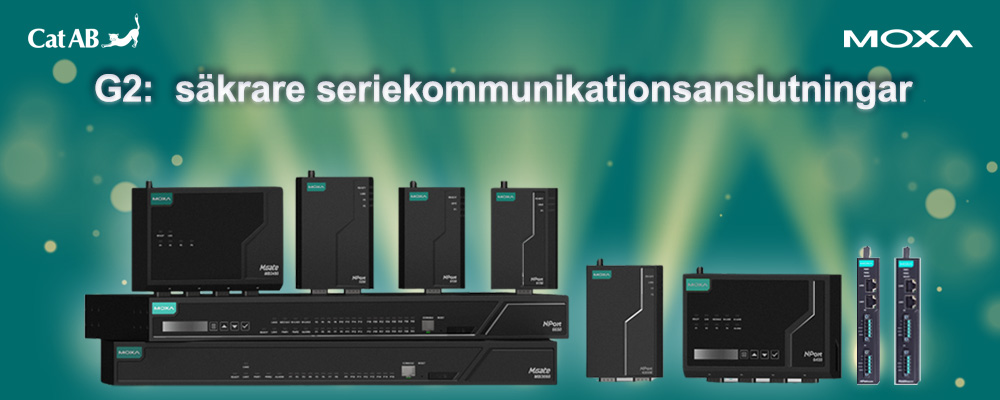 En rad med moxa-produkter står i bilden med strålkastare som lyser uppåt bakom dem och glittrar. Text: "G2: säkrare seriekommunikationsanslutningar"